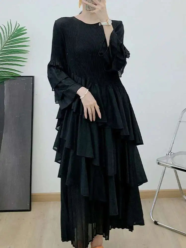 New Ruffles Pleated Dress Women Round Neck Flare Sleeves Loose Chic Long Length dress