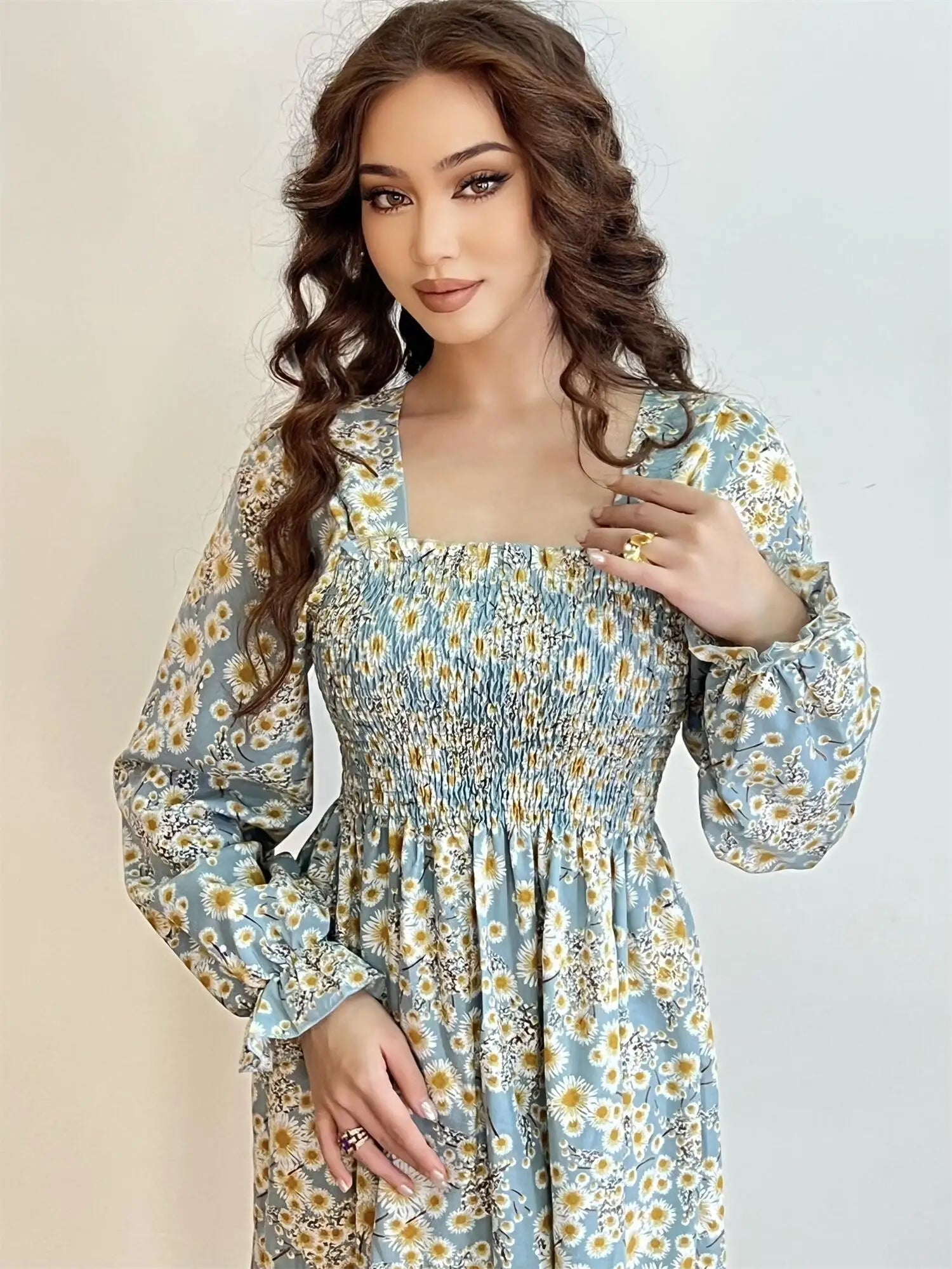 Autumn  Casual Dress Women Chiffon Dresses Long Sleeve A-line Printed Floral Elastic Chest Lace Up Midi Dresses