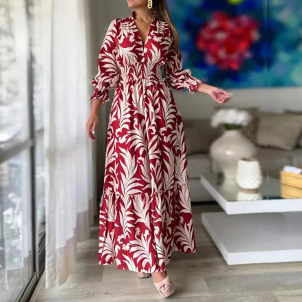 Waist  Pullover  Flower Printed Long Sleeve Autumn Winter New Long Dress Big Hem Dress Long Maxi