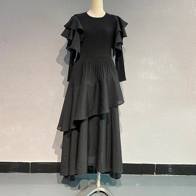 Fashion Pleated Long Dress  Design Sense Crew-neck Long Sleeve Pleated Dresses