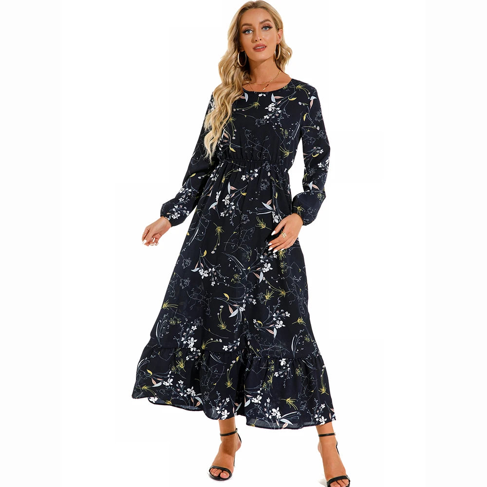 Women Maxi Dress Casual Long Sleeve High Waist   Chiffon Dress
