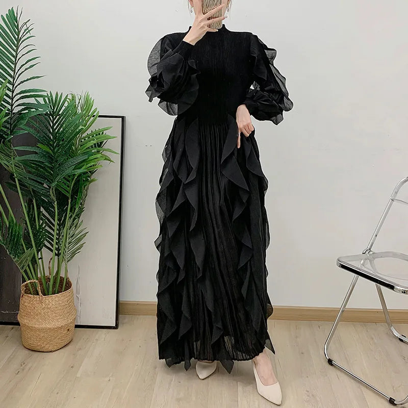 Fashion Ruffles Pleated Dress Women Round Neck Flare Sleeves Solid Maxi Dress