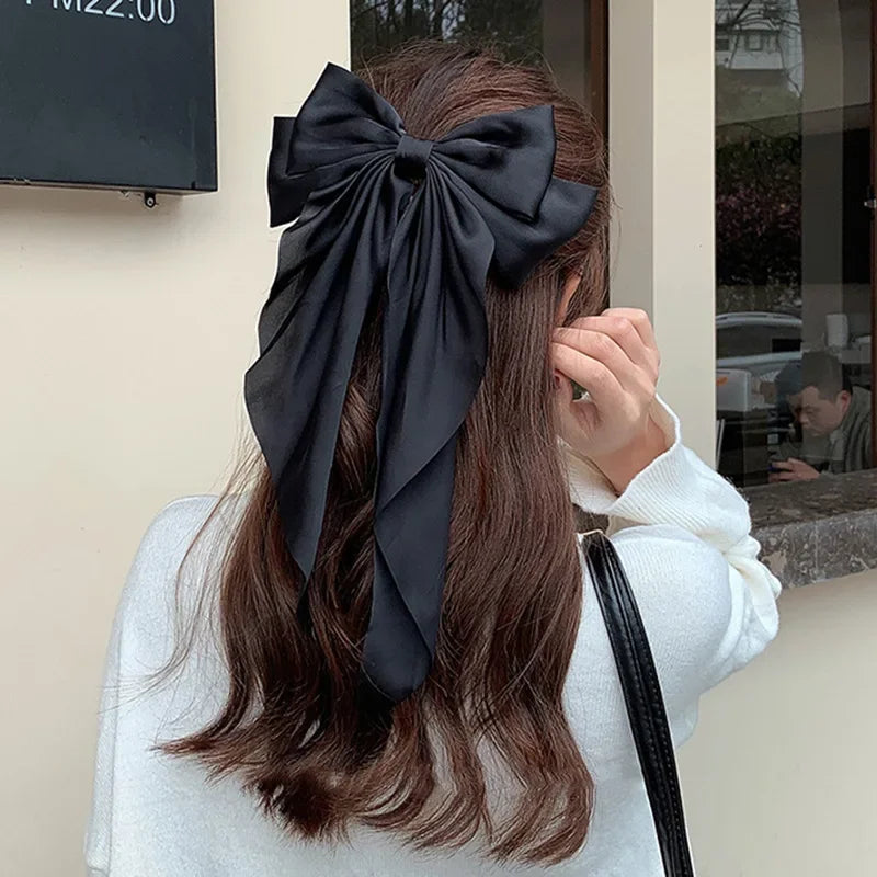 Accessories Hair Clips for Women Girls Big Bowknot Solid Satin Long Ribbon Bows Spring Clamp Barette Cheveux Femme 2023