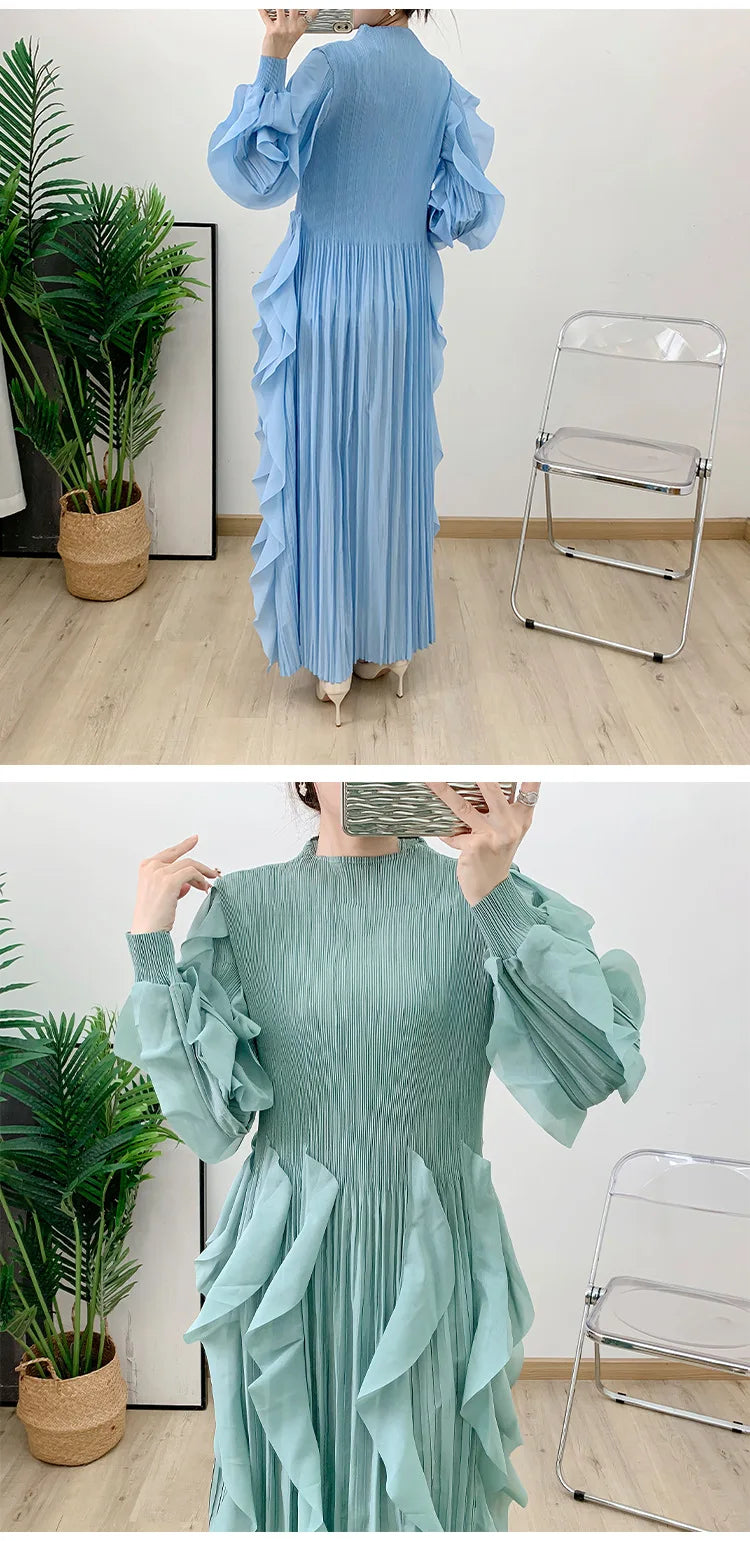 Fashion Ruffles Pleated Dress Women Round Neck Flare Sleeves Solid Maxi Dress