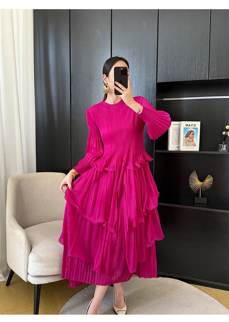 Pleated French Women's Dress  Chic New Ruffled High-End Design Long Sleeve dress