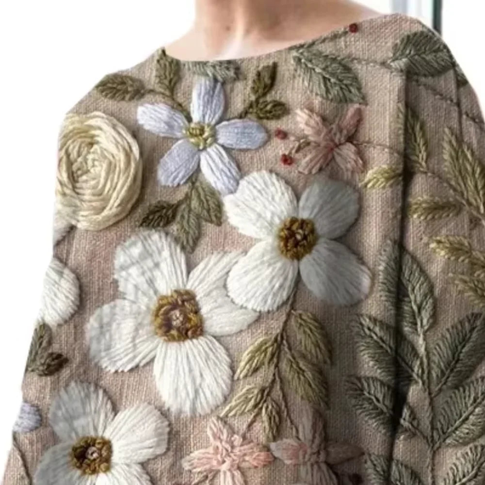 Plus Size Floral Printed Imitation Linen Women’s Vintage T-Shirt Round Neck 3/4 Sleeve Loose Summer Female Casual Daily Top Tees