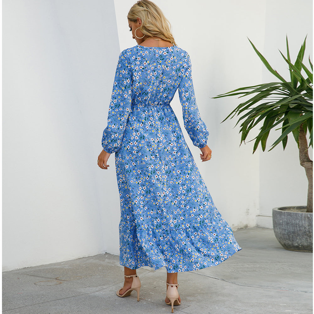 Women Maxi Dress Casual Long Sleeve High Waist   Chiffon Dress