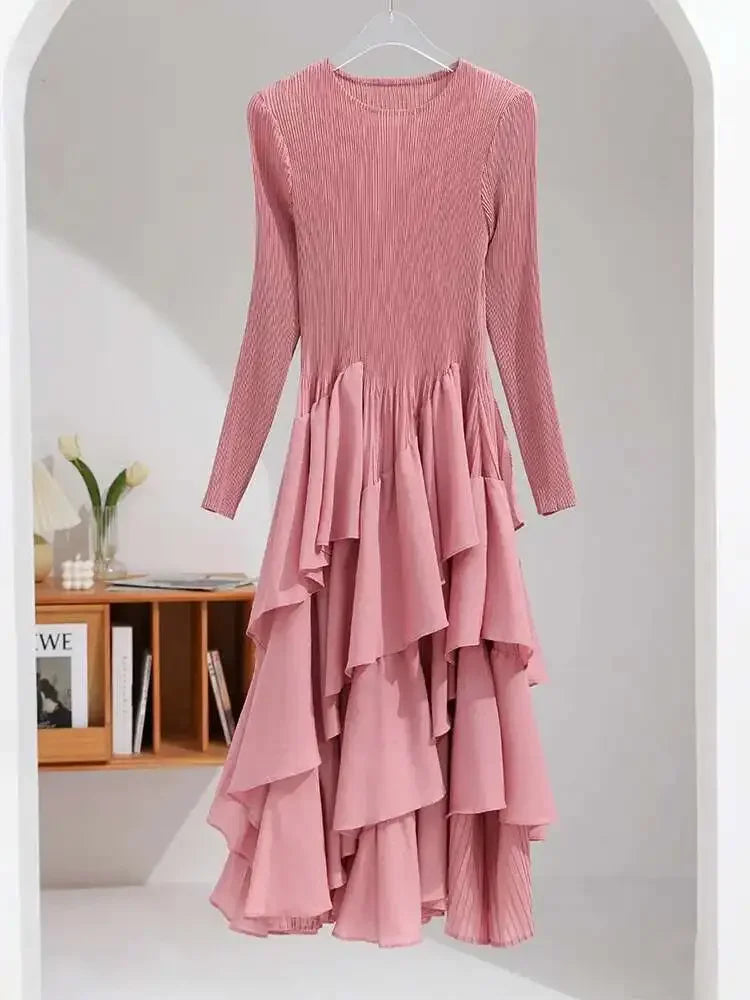 Miyake Elegant Pleated Long Dress for Women Round Neck Long Sleeves Ruffles A-line Dresses