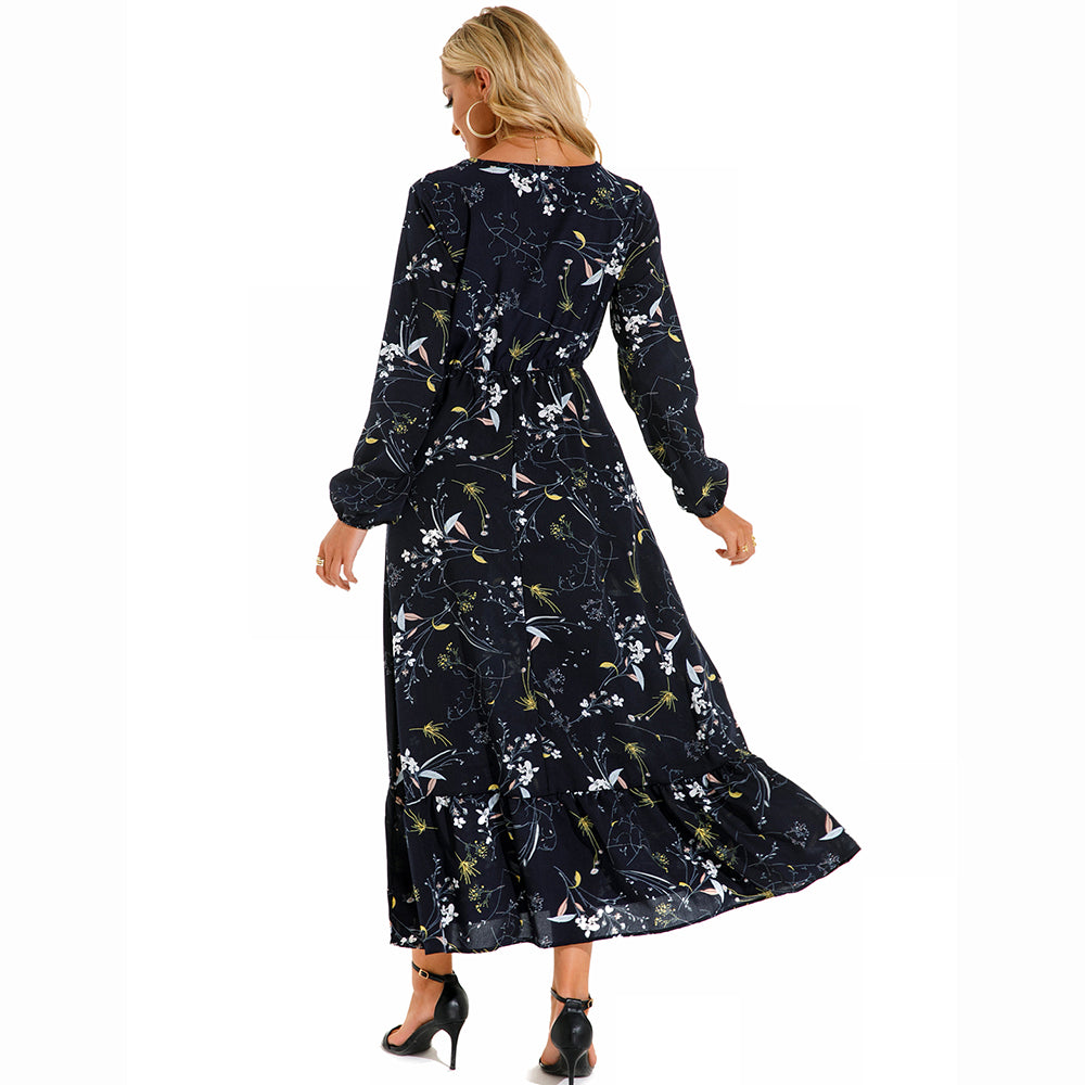 Women Maxi Dress Casual Long Sleeve High Waist   Chiffon Dress