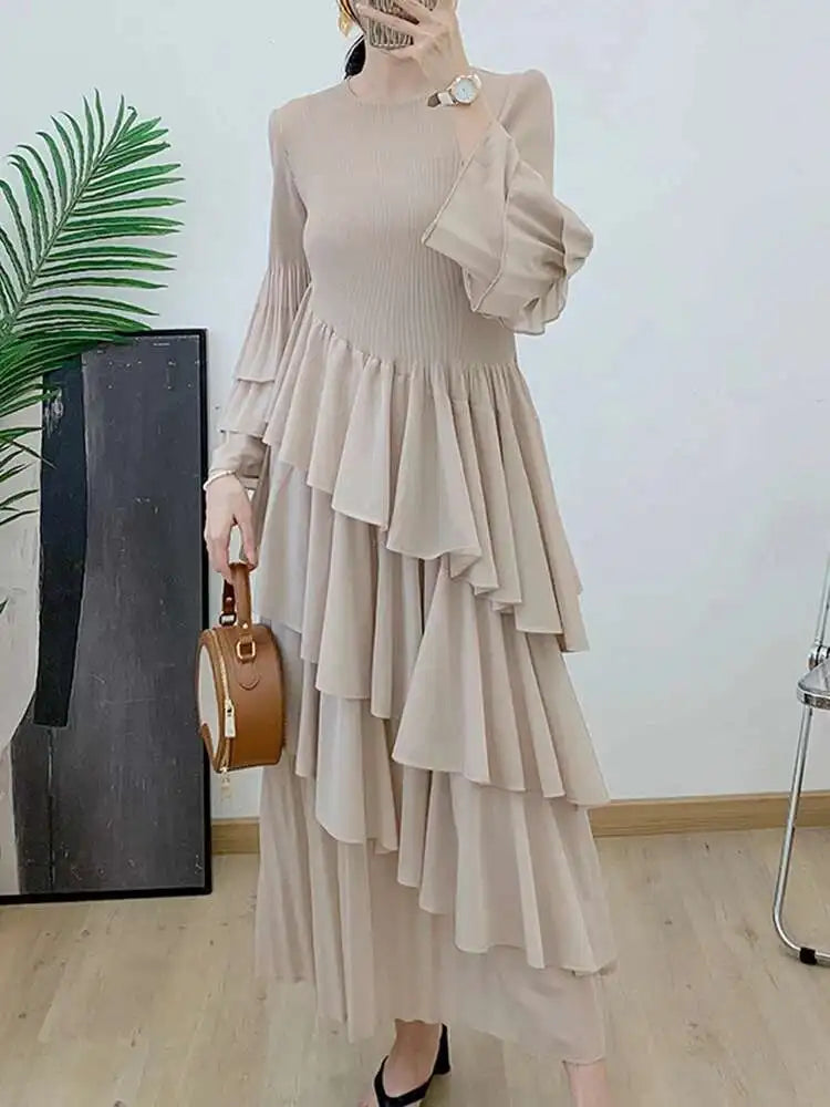New Ruffles Pleated Dress Women Round Neck Flare Sleeves Loose Chic Long Length dress