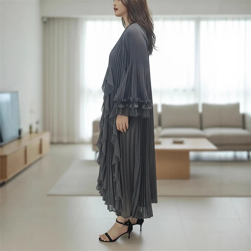 Ruffled Patchwork Design Women's Pleated Dress Loose