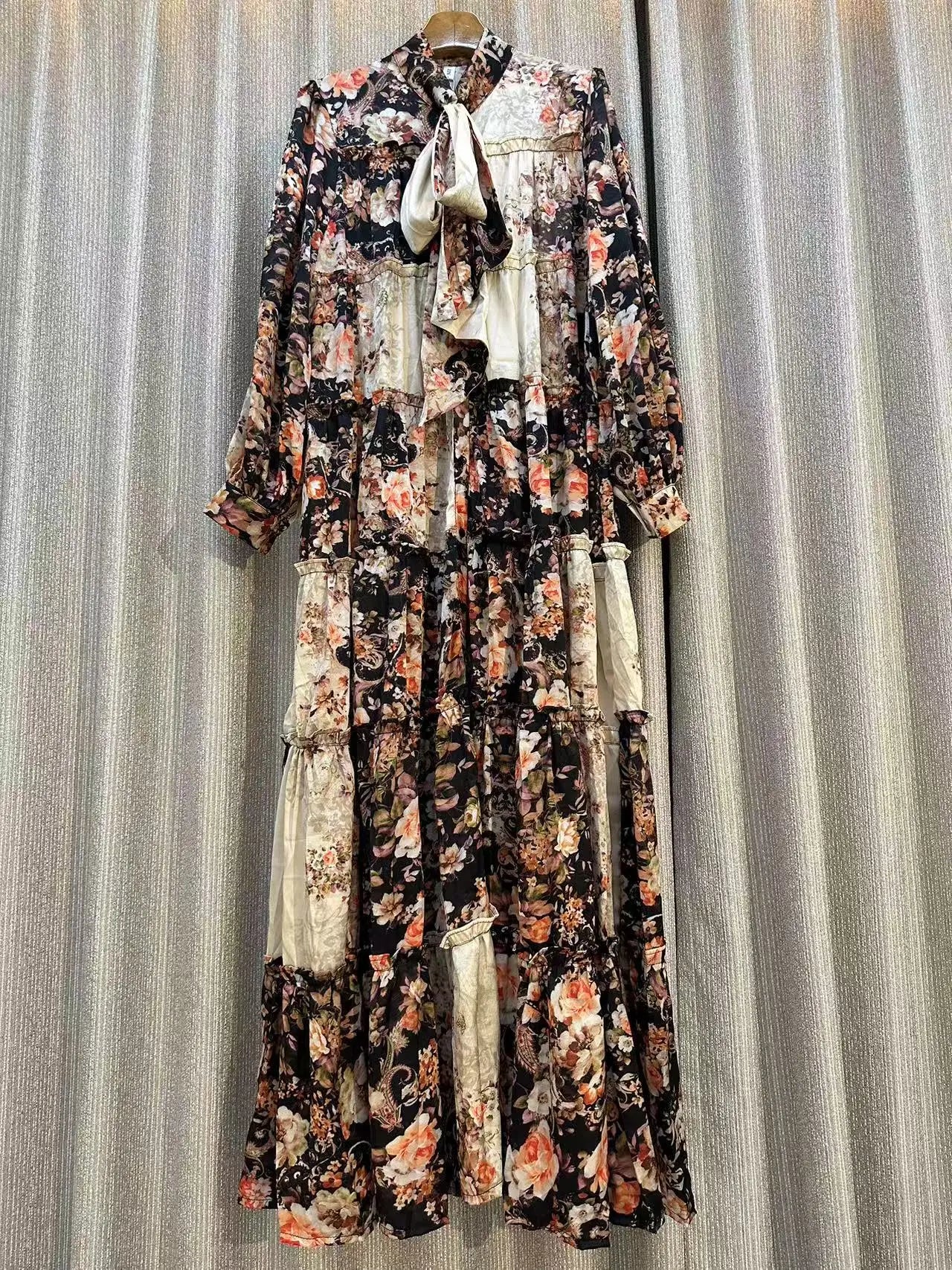 Luxury Dress For Women Print Dress Bow Neck Long Sleeve Loose Fashion  Evening  Swing Dress