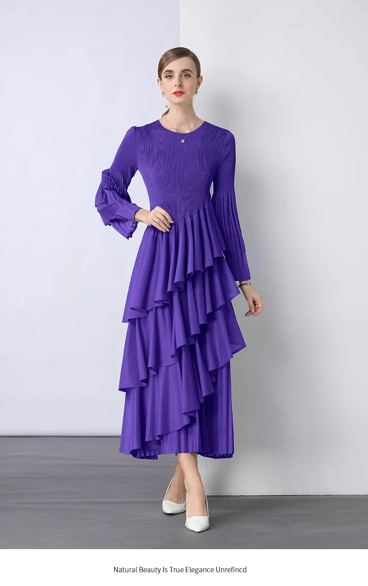 Chiffon  Long Sleeve Empire Waist Dress Draped Skirt Heavy Embellishment  Leaf Edge  Style Dress