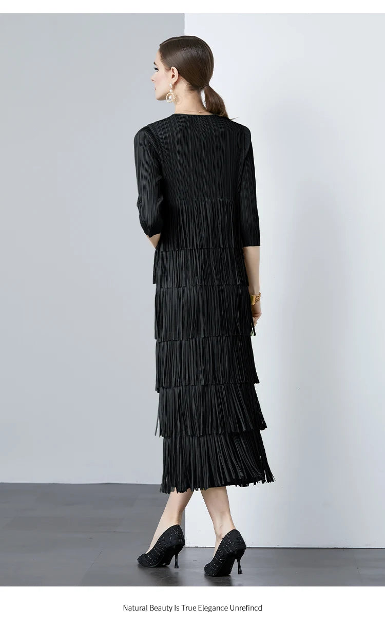 Miyake Fold  New V-neck Tassel Long Sleeve Scarf Tassel Solid Color Dress