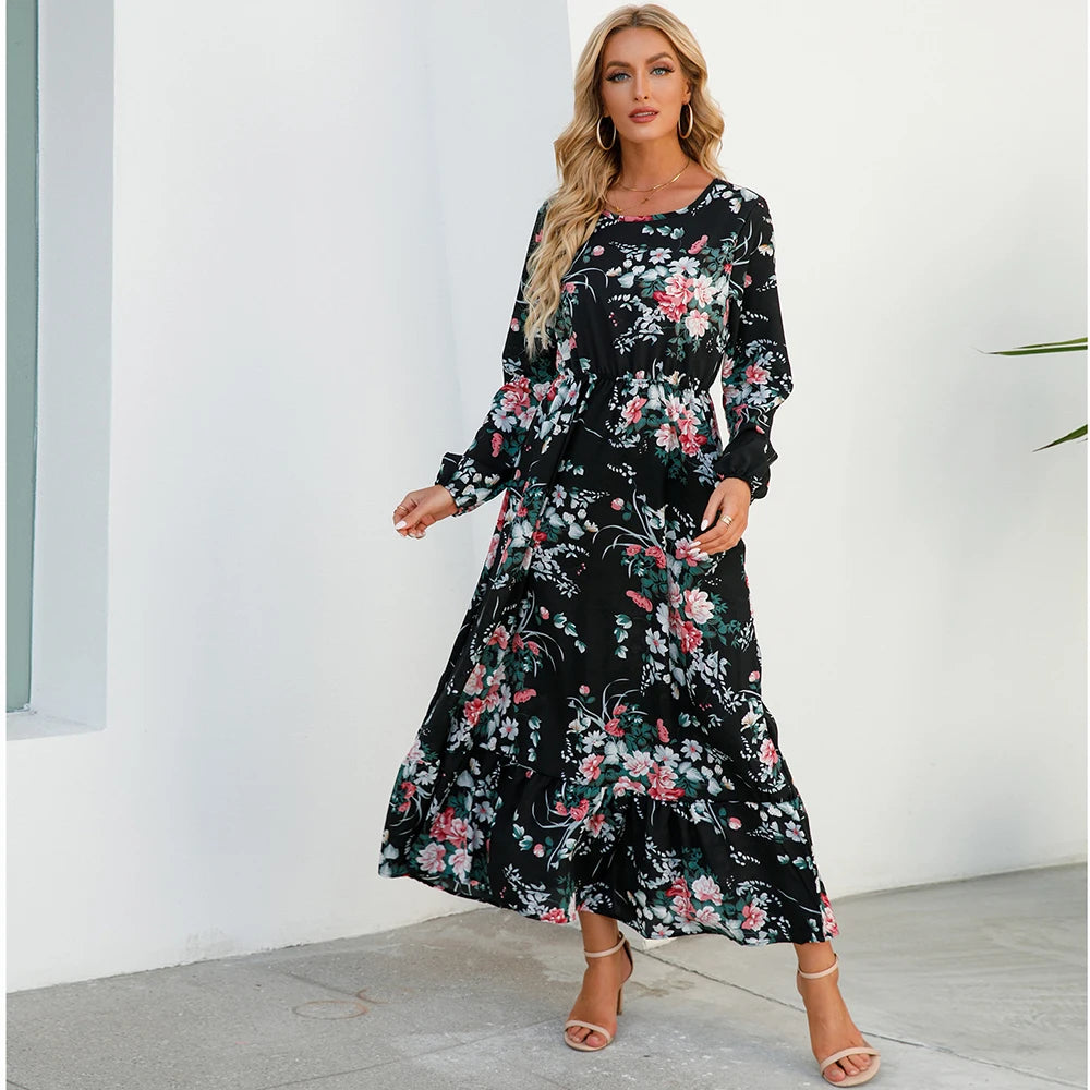 Women Maxi Dress Casual Long Sleeve High Waist   Chiffon Dress