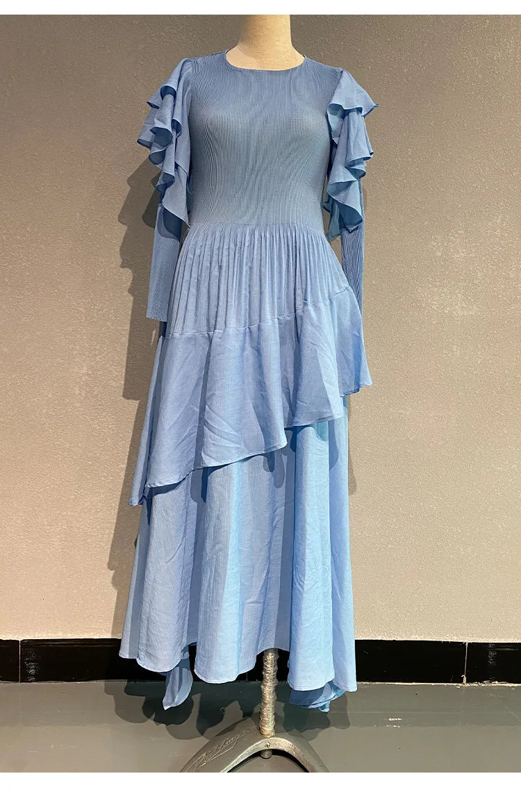 Fashion Pleated Long Dress  Design Sense Crew-neck Long Sleeve Pleated Dresses