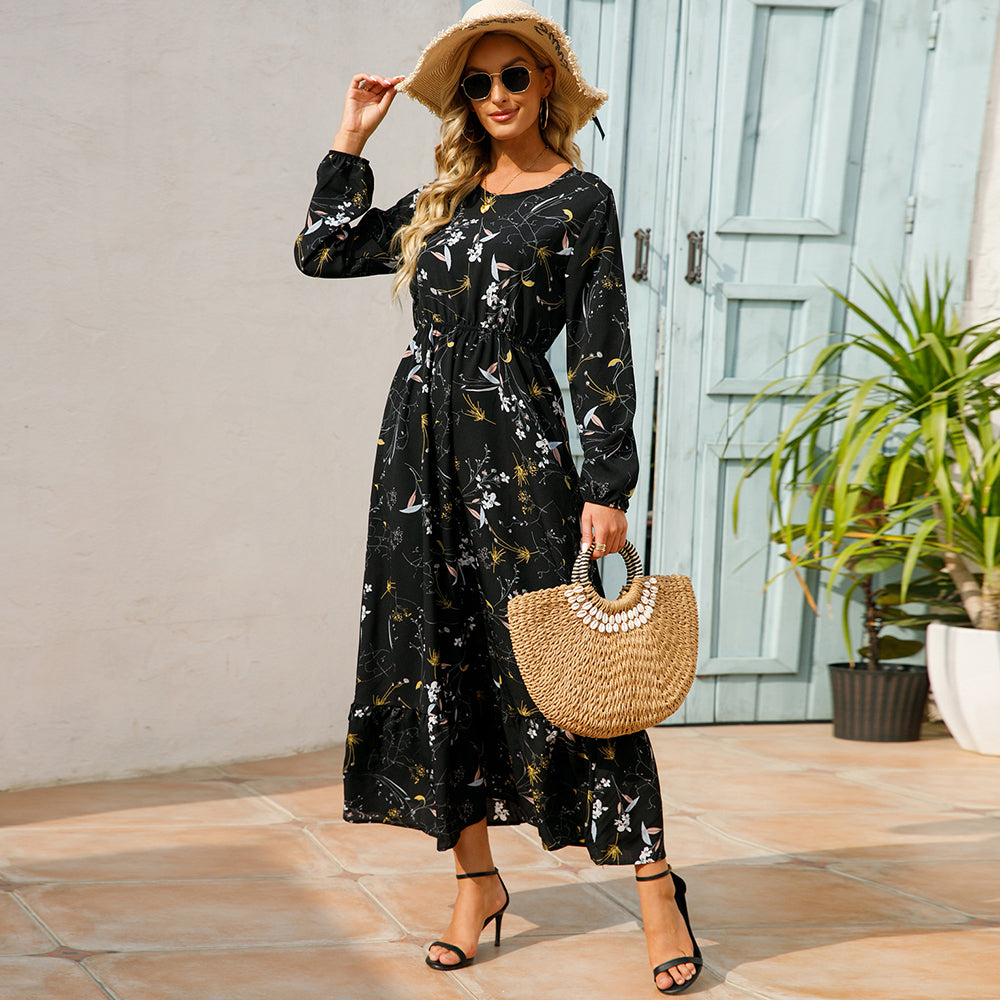 Women Maxi Dress Casual Long Sleeve High Waist   Chiffon Dress