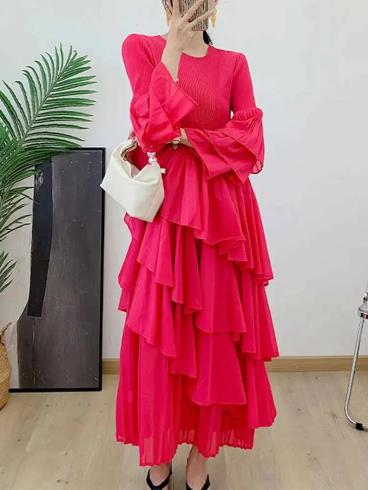 New Ruffles Pleated Dress Women Round Neck Flare Sleeves Loose Chic Long Length dress