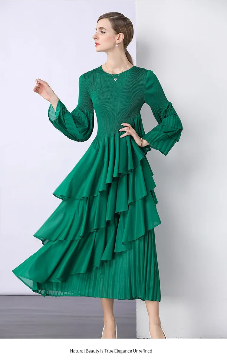 Chiffon  Long Sleeve Empire Waist Dress Draped Skirt Heavy Embellishment  Leaf Edge  Style Dress