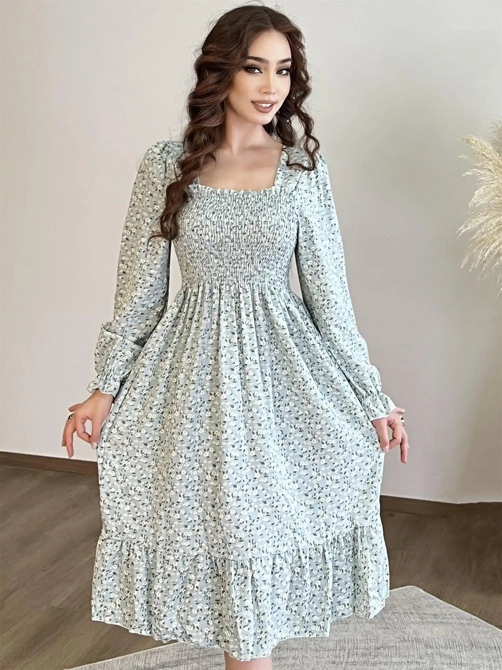 Autumn  Casual Dress Women Chiffon Dresses Long Sleeve A-line Printed Floral Elastic Chest Lace Up Midi Dresses