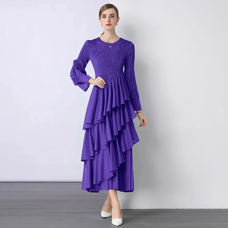 Chiffon  Long Sleeve Empire Waist Dress Draped Skirt Heavy Embellishment  Leaf Edge  Style Dress