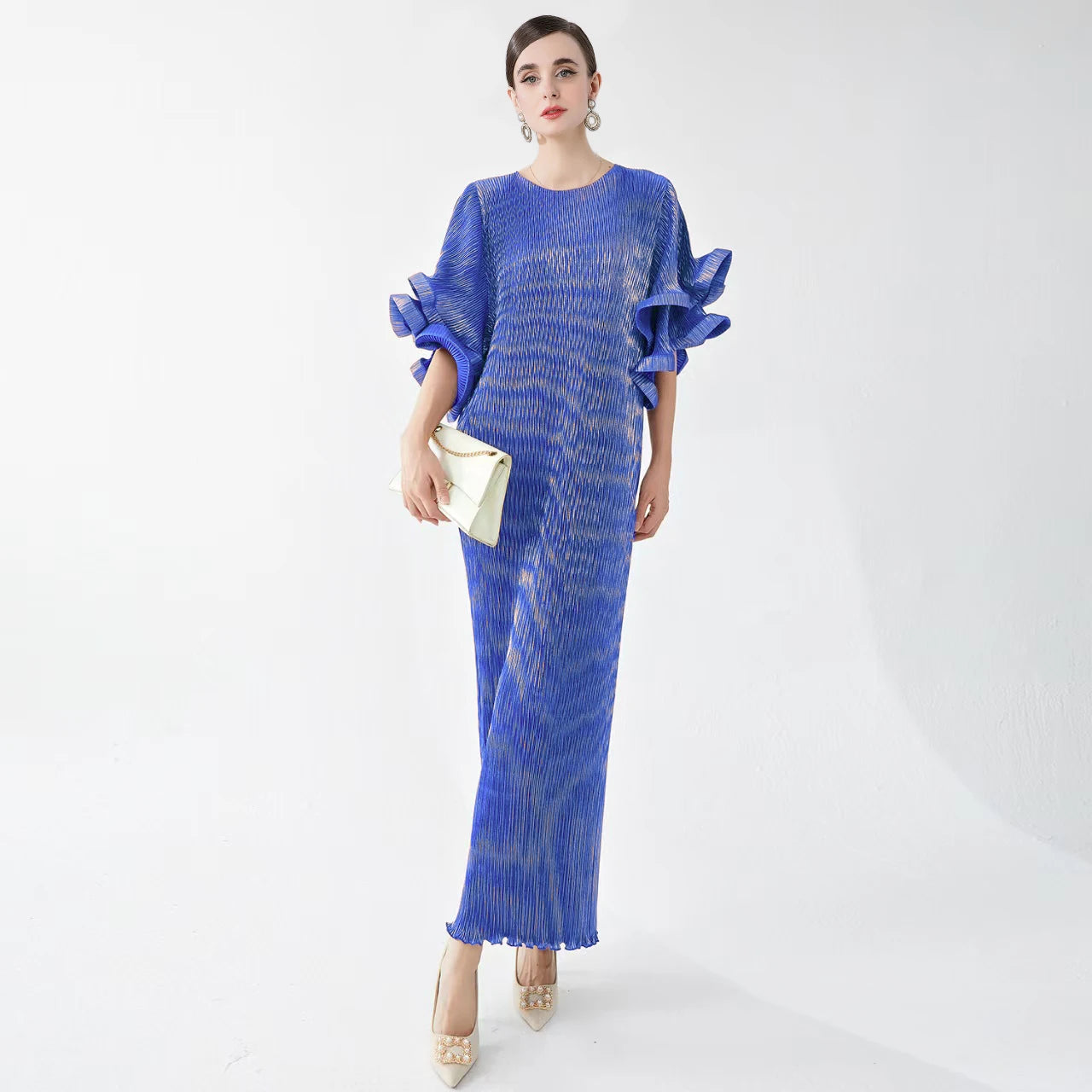 Miyake Dress for Women Looks Slim and Luxurious Round Neck Flared Sleeves with Loose Fit Gilded Pleated Elegant Dress Long Skirt