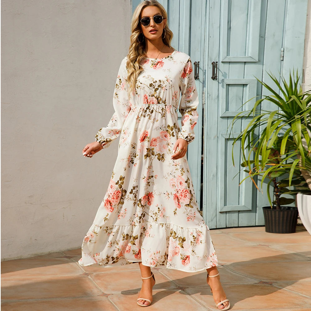 Women Maxi Dress Casual Long Sleeve High Waist   Chiffon Dress