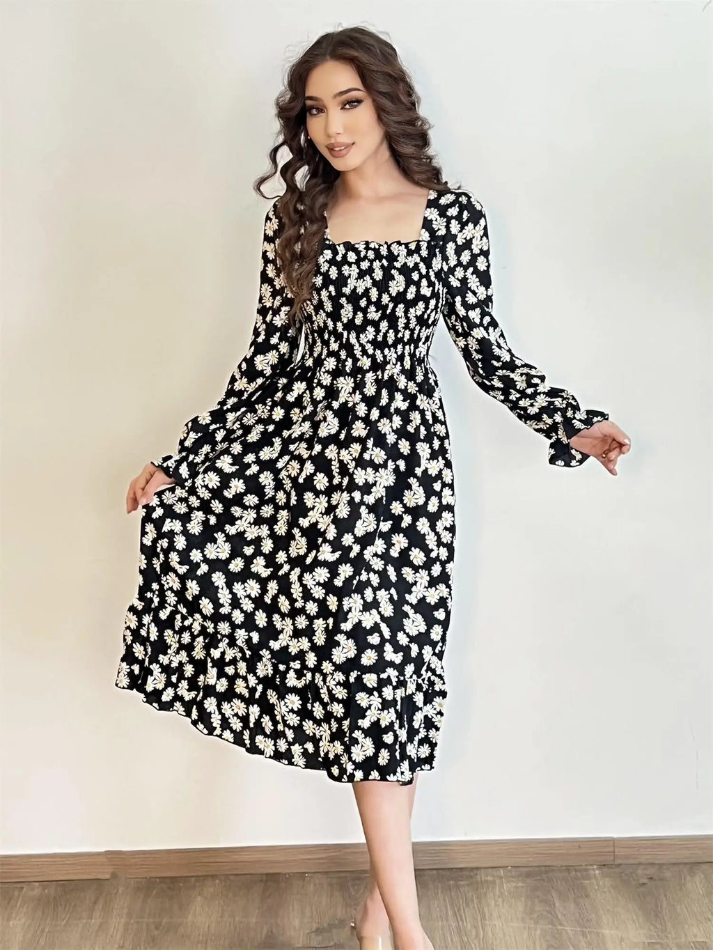 Autumn  Casual Dress Women Chiffon Dresses Long Sleeve A-line Printed Floral Elastic Chest Lace Up Midi Dresses