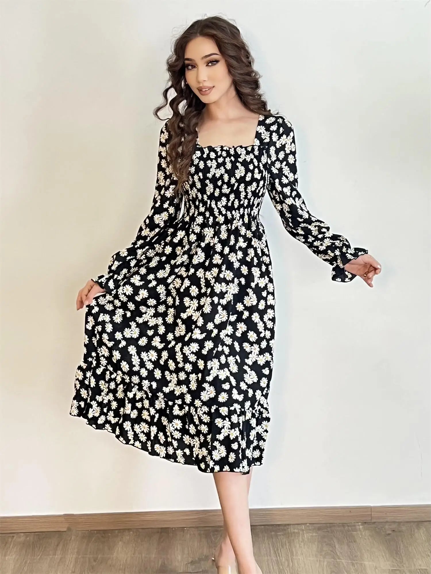 Autumn  Casual Dress Women Chiffon Dresses Long Sleeve A-line Printed Floral Elastic Chest Lace Up Midi Dresses