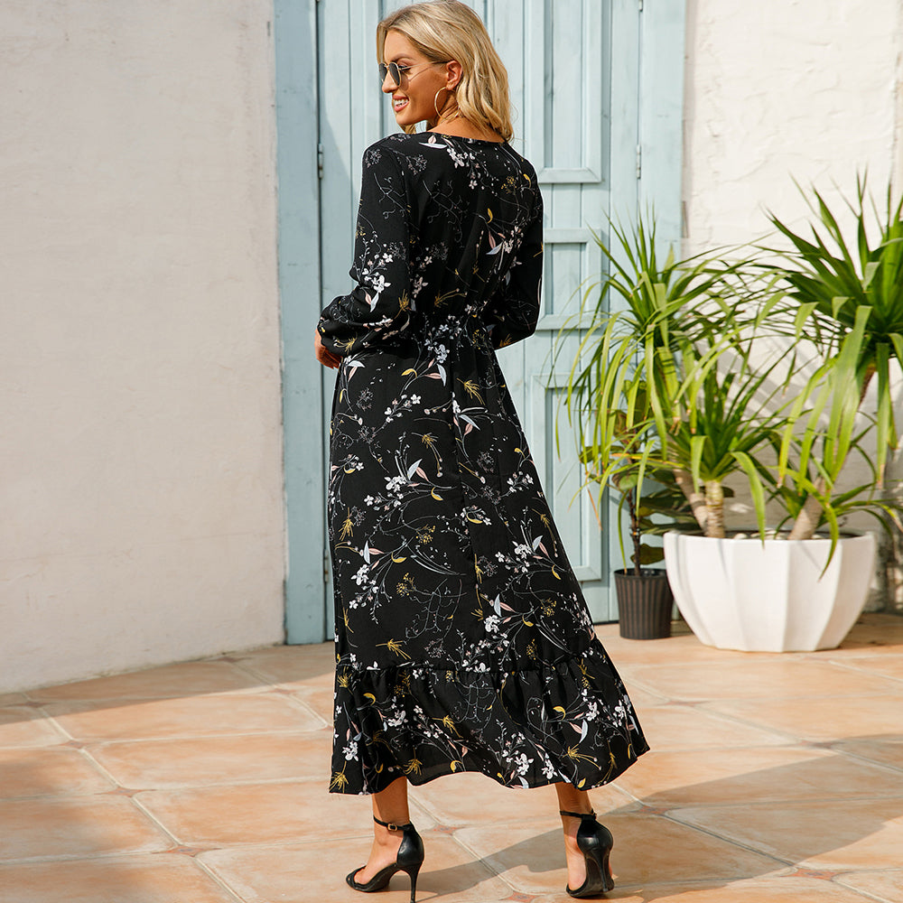 Women Maxi Dress Casual Long Sleeve High Waist   Chiffon Dress