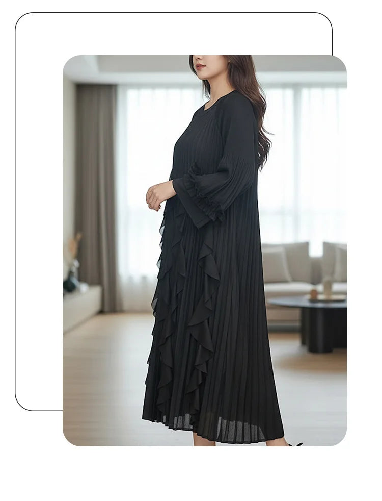 Ruffled Patchwork Design Women's Pleated Dress Loose