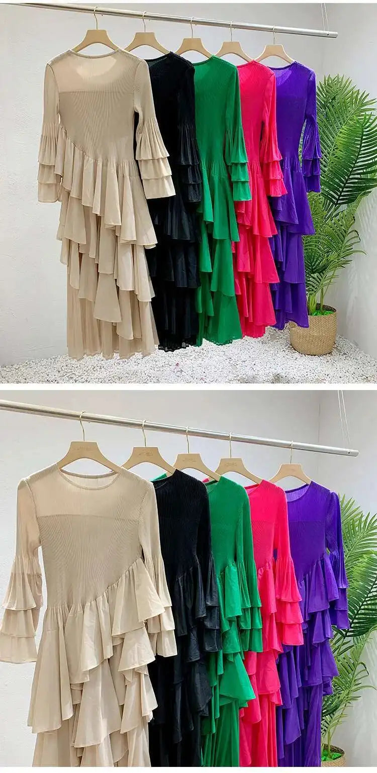 New Ruffles Pleated Dress Women Round Neck Flare Sleeves Loose Chic Long Length dress