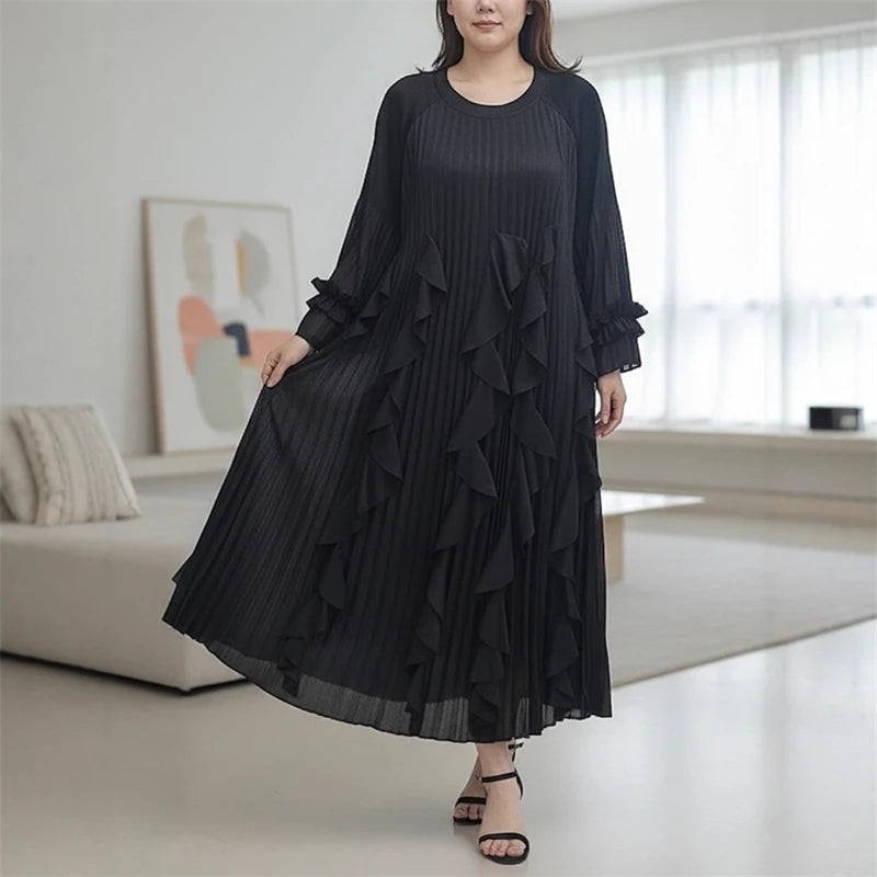 Ruffled Patchwork Design Women's Pleated Dress Loose