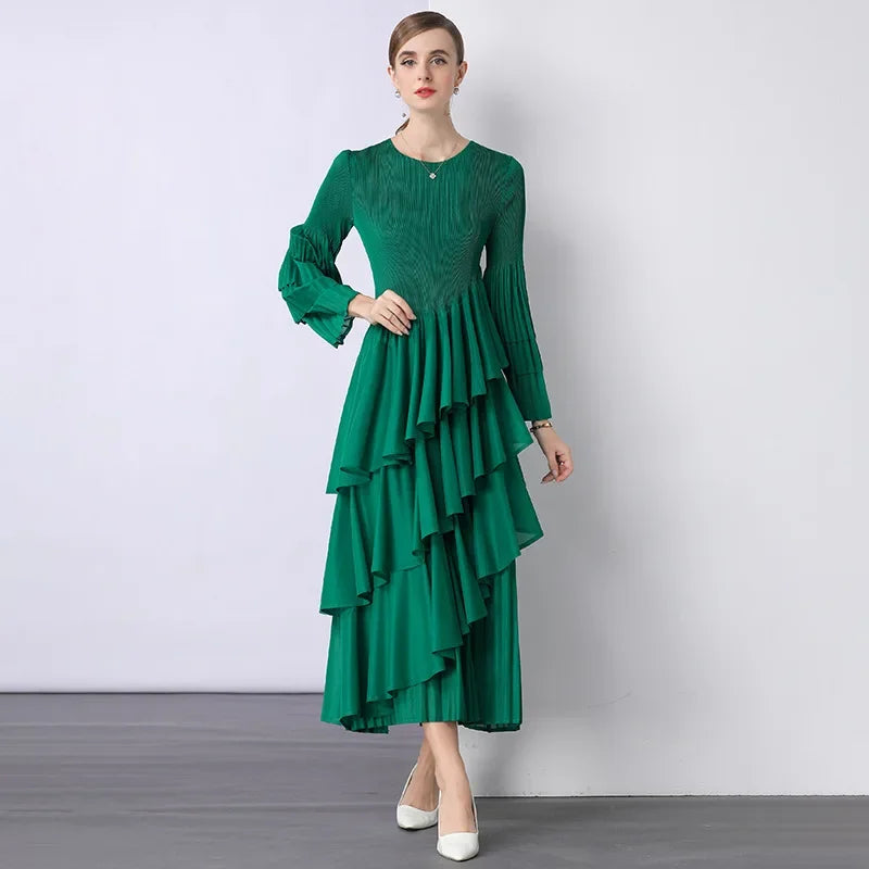 Chiffon  Long Sleeve Empire Waist Dress Draped Skirt Heavy Embellishment  Leaf Edge  Style Dress