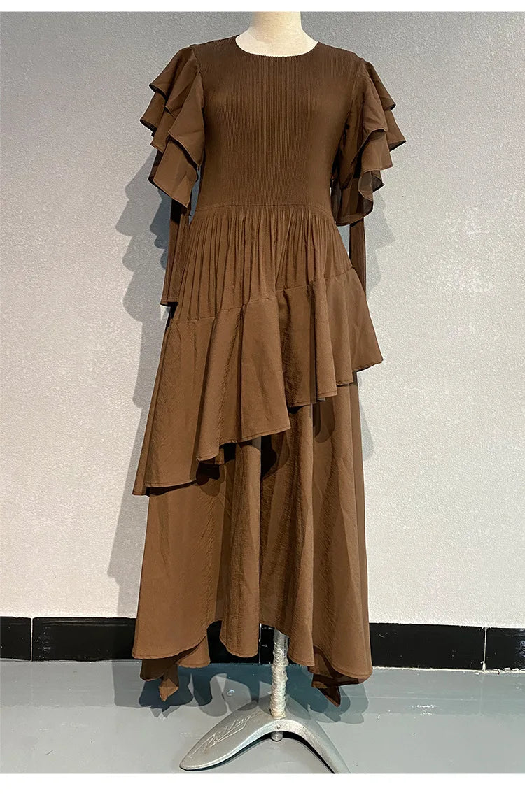 Fashion Pleated Long Dress  Design Sense Crew-neck Long Sleeve Pleated Dresses