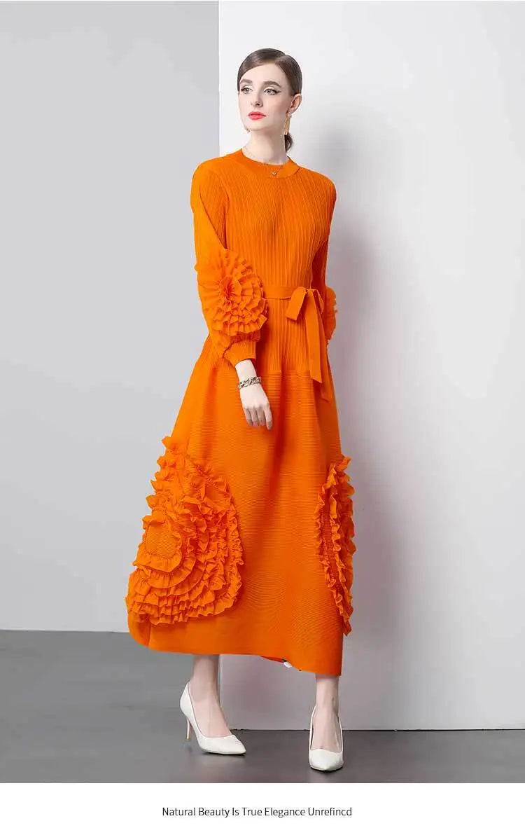 3D Flower Pleated Dress Bubble Sleeves High Waist Designer High-end Temperament Belt Long Dresses