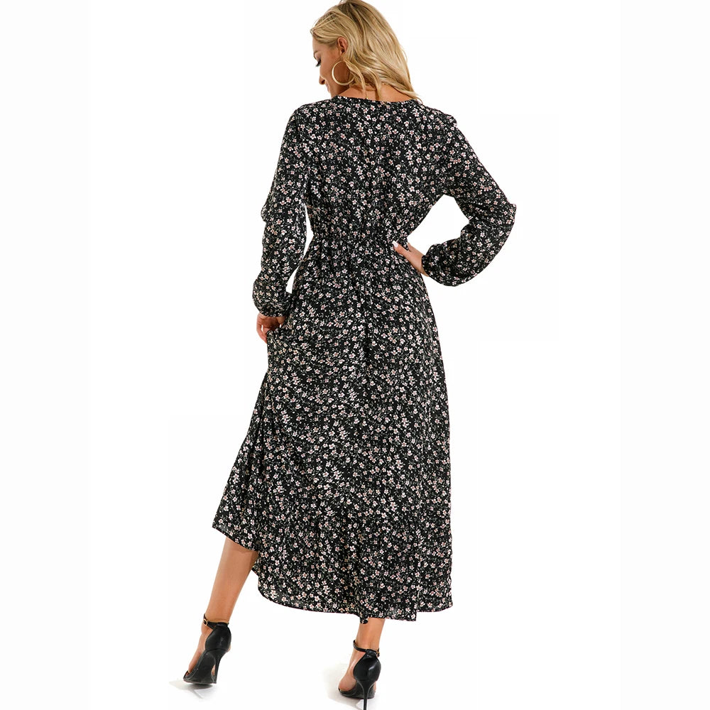 Women Maxi Dress Casual Long Sleeve High Waist   Chiffon Dress