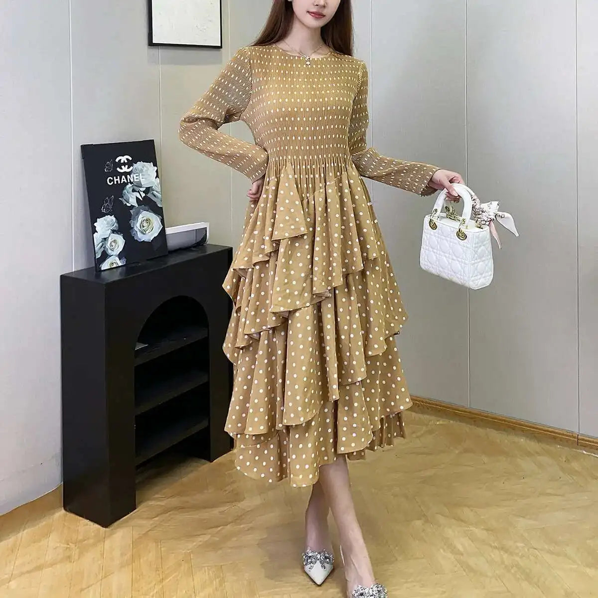 Women's Polka Dot Dress  Design Long Sleeves Ruffles Elegant Dresses