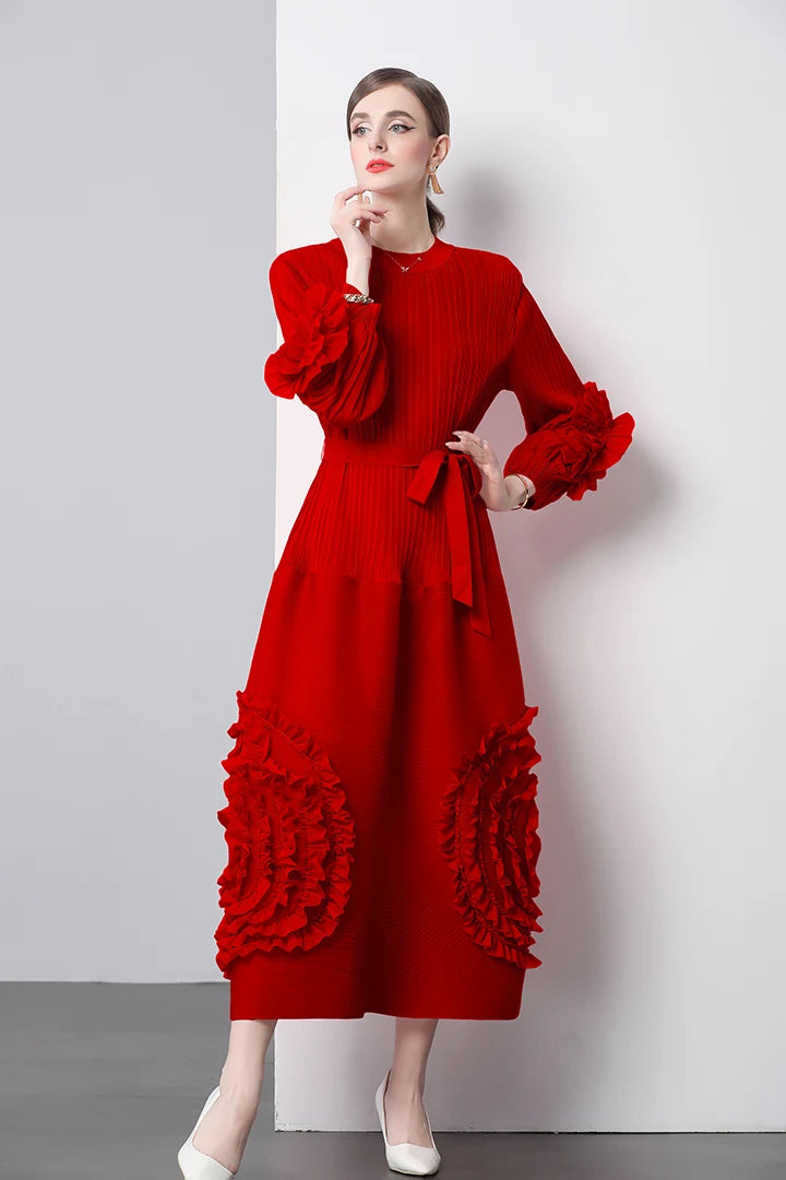 3D Flower Pleated Dress Bubble Sleeves High Waist Designer High-end Temperament Belt Long Dresses