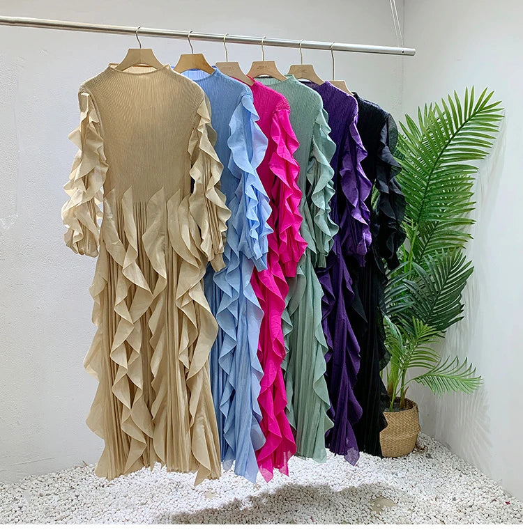 Fashion Ruffles Pleated Dress Women Round Neck Flare Sleeves Solid Maxi Dress