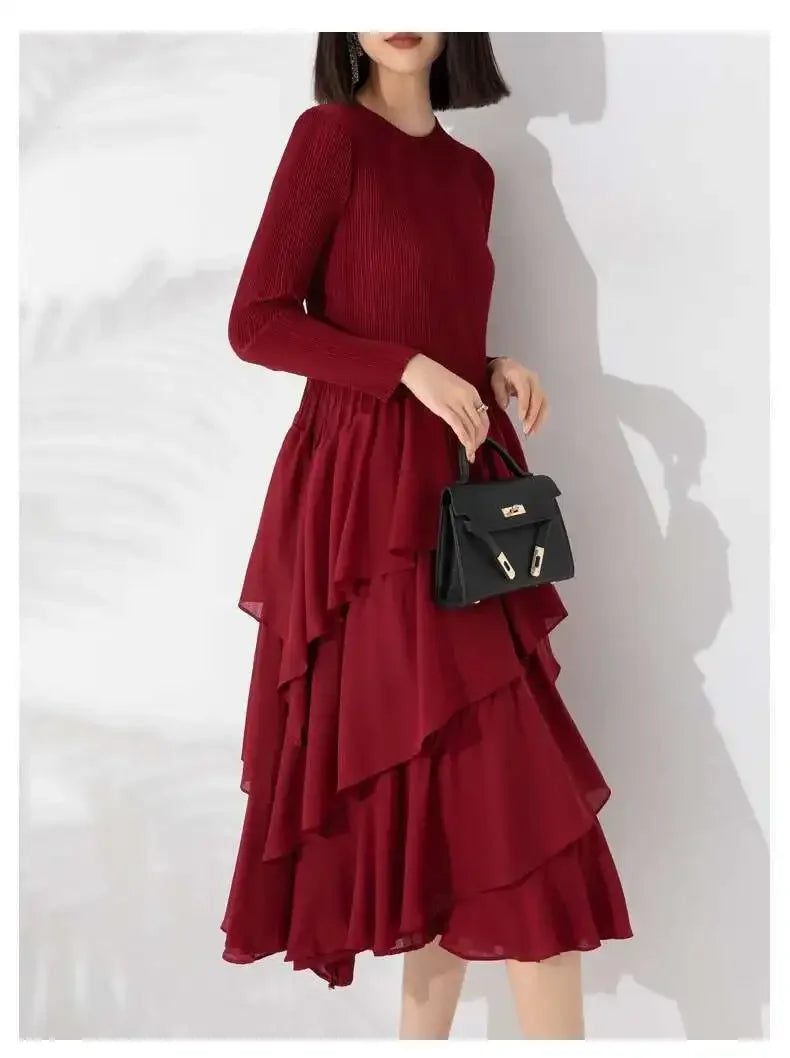 Miyake Elegant Pleated Long Dress for Women Round Neck Long Sleeves Ruffles A-line Dresses