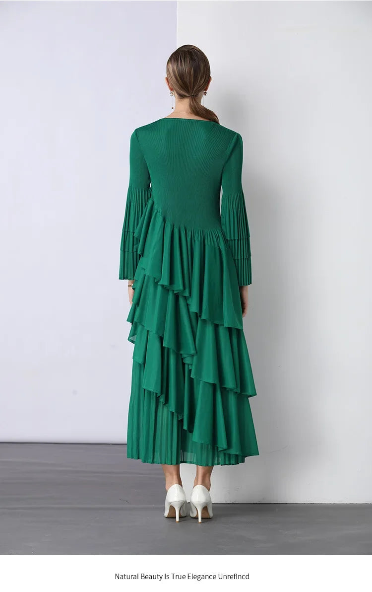 Chiffon  Long Sleeve Empire Waist Dress Draped Skirt Heavy Embellishment  Leaf Edge  Style Dress