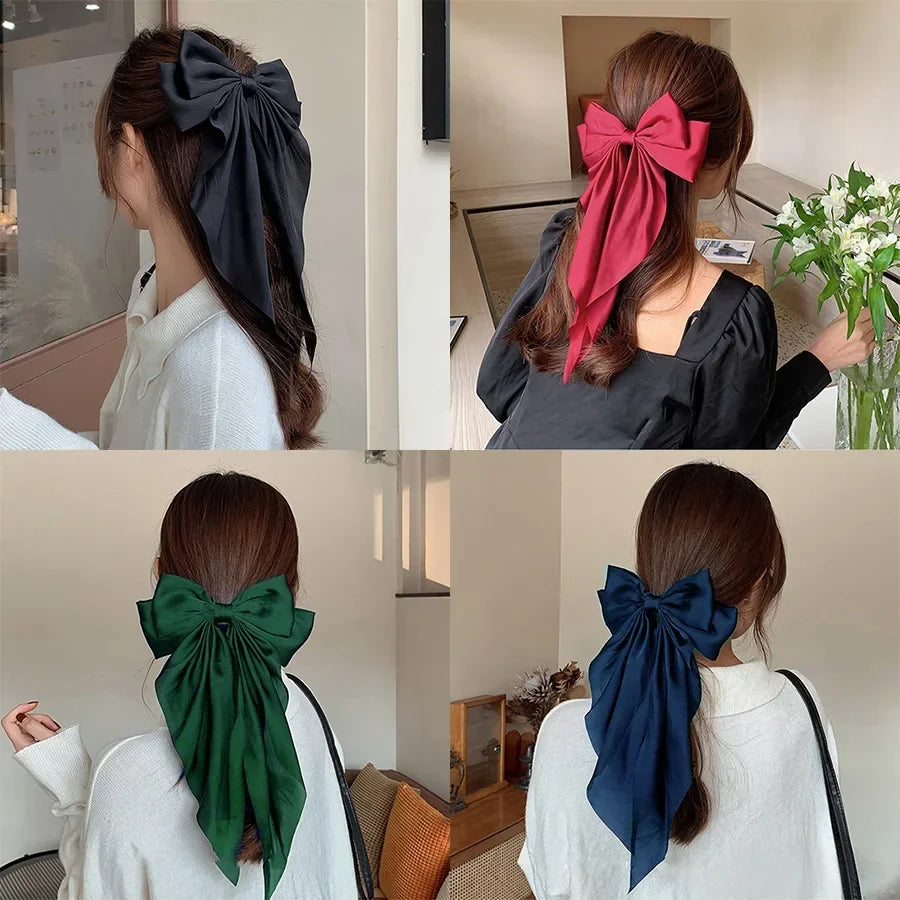 Accessories Hair Clips for Women Girls Big Bowknot Solid Satin Long Ribbon Bows Spring Clamp Barette Cheveux Femme 2023