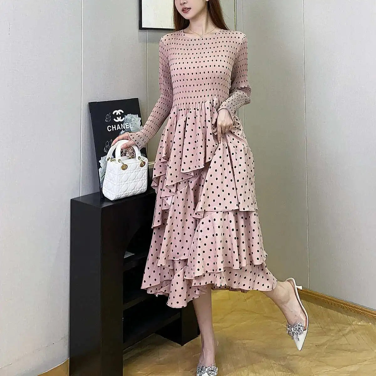 Women's Polka Dot Dress  Design Long Sleeves Ruffles Elegant Dresses