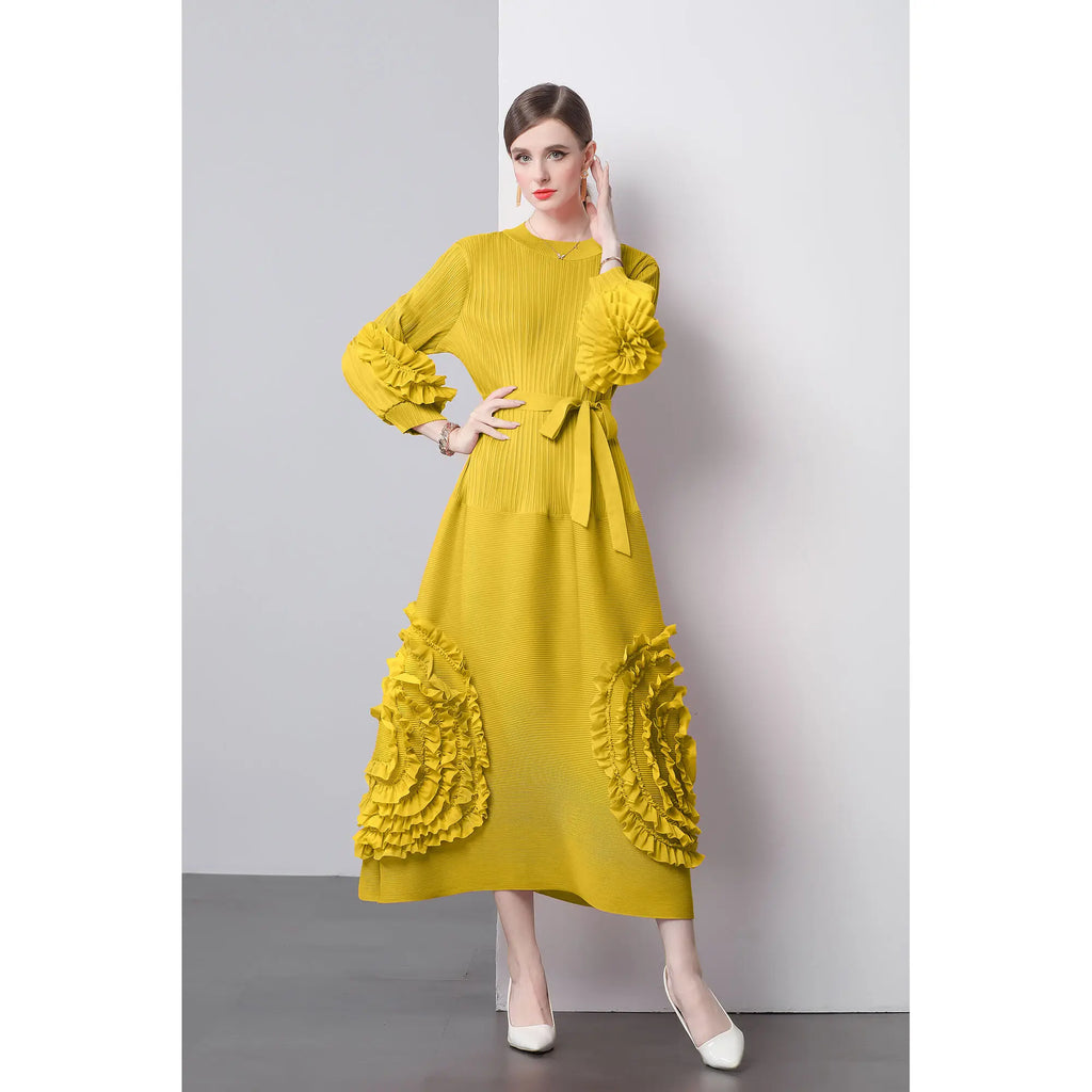 3D Flower Pleated Dress Bubble Sleeves High Waist Designer High-end Temperament Belt Long Dresses