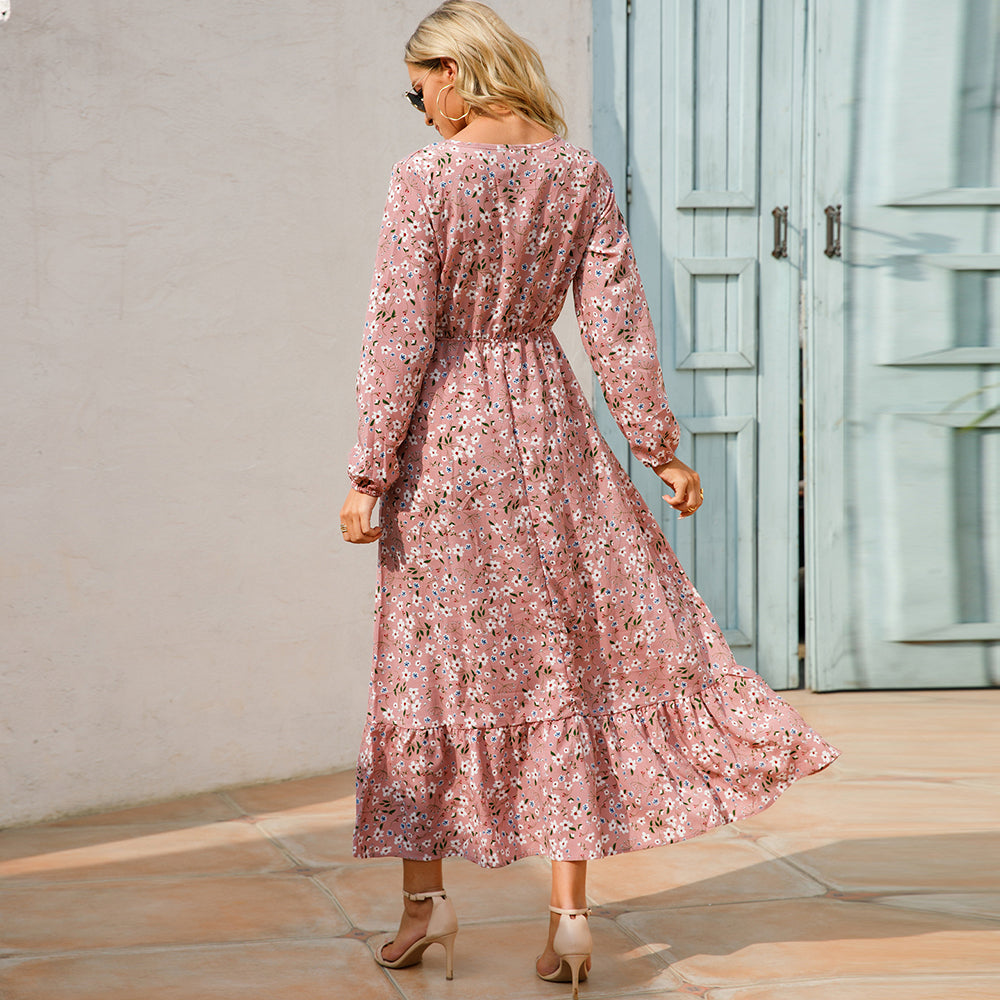Women Maxi Dress Casual Long Sleeve High Waist   Chiffon Dress