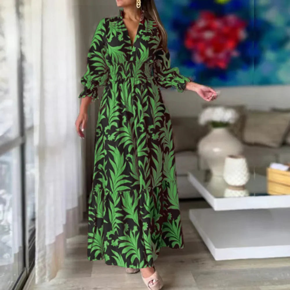 Waist  Pullover  Flower Printed Long Sleeve Autumn Winter New Long Dress Big Hem Dress Long Maxi