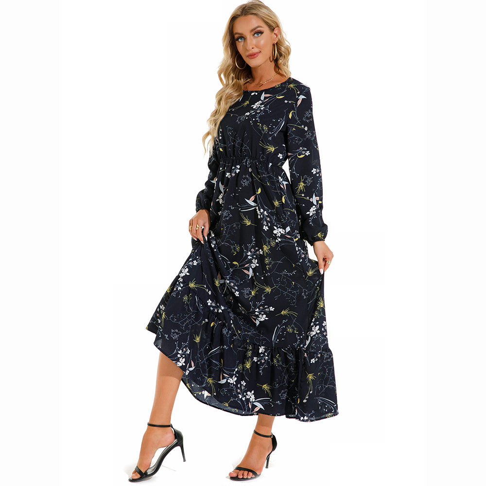 Women Maxi Dress Casual Long Sleeve High Waist   Chiffon Dress
