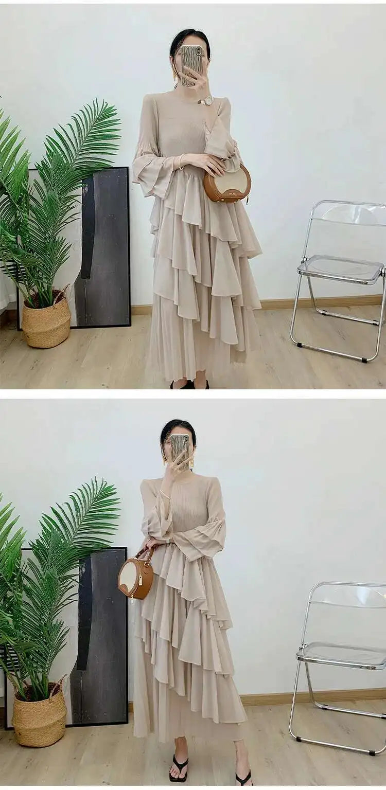 New Ruffles Pleated Dress Women Round Neck Flare Sleeves Loose Chic Long Length dress