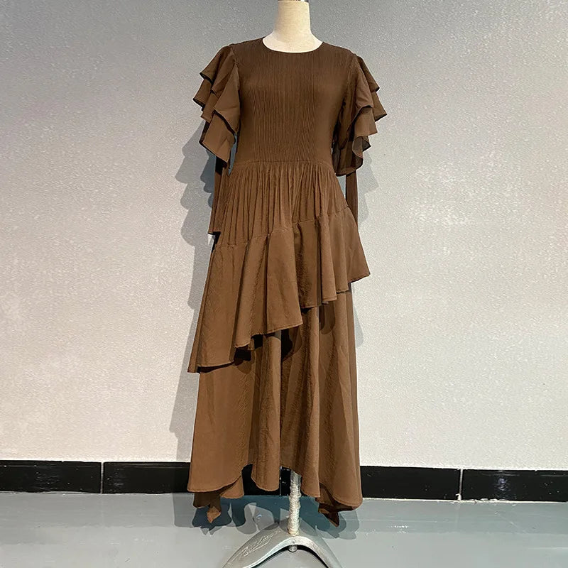 Fashion Pleated Long Dress  Design Sense Crew-neck Long Sleeve Pleated Dresses